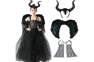 Byhsoep Maleficent kostium dziewczęcy, karnawał, zła królowa, sukienka dla dzieci z rogami i rękawami z piór, kostium karnawałowy, maleficent rogi, kostium dla dziewczynek na Halloween, imprezę
