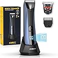 Kibiy Body Groomer Men, Electric Groin Hair Trimmer, Waterproof Pubic Hair Trimmer with Replaceable Ceramic Blade Heads, LED Light and Display, Standing Recharge Dock, Blue