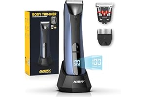 Kibiy Body Groomer Men, Electric Groin Hair Trimmer, Waterproof Pubic Hair Trimmer with Replaceable Ceramic Blade Heads, LED Light and Display, Standing Recharge Dock, Blue