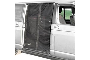 GINGER TECH Van Schiebetür Magnetisches Fliegengitter Schwarz Mesh Moskitonetz Sonnenschutz mit Reißverschluss Auto Camping Netz Heckklappe Schatten für T5 T6 T4 Wohnwagen Wohnmobil Camper