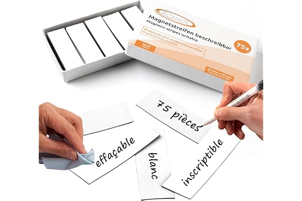 ECENCE 75 Étiquettes magnétiques effaçables 60x20mm - Blanc, découpables, pour tableau blanc et réfrigérateur