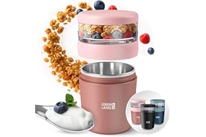 LEBENLANG Porta yogurt con cucchiaio - Parete interna in acciaio inox isolante & 650ml I Porta yogurt termico I Contenitore yogurt e cereali Cereal cup bambini da asporto Tazza per muesli refrigerato