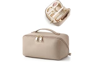 BAGSMART Travel Makeup Bag, Flat Lay Make Up Case, PU Leather Waterpoof Cosmetic Organiser with Clear Pocket for Brushes, Sma