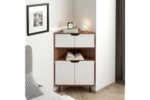 DlandHome Eckschrank mit 4 Ebenen, freistehende Aufbewahrungsmöbel mit Türen und Regalen für Küche, Wohnzimmer, Eingang, Teak
