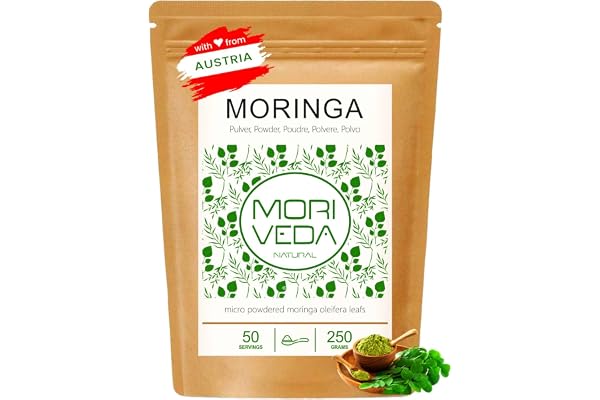 MoriVeda Poudre de Moringa, 250 g, poudre de feuilles d’Oleifera microfine avec vitamines, protéines, acides aminés et micronutriments, selon une recette ayurvédique, végan et sans gluten