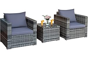 RELAX4LIFE 3PCS Rattan Bistro Set, Patio Wicker Garden Furniture with Padded Cushion, Outdoor Conservatory Table and Chairs Set for Backyard Porch Balcony (Grey Cushion)