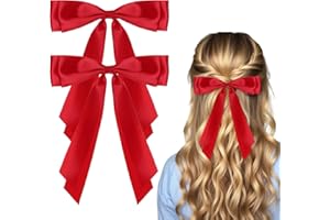 Cobee 2 Pcs Red Hair Bow, Satin Bows Red Hair Ties, Large Double Satin Ribbon Hair Clips Red Accessories for Holiday Party Women Girls Ponytail Holder