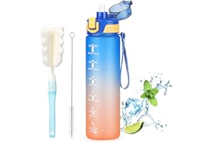 OKKLE Water Bottles 1L, Motivational Water Bottle with Straw & Brush,Sports Water Bottle BPA Free, Drinking Water Bottle with Time Marking, Portable Leak Proof Cantee Bottle Water Jug for Women Men