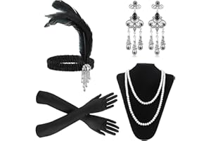 BBTO Zestaw akcesoriów Flapper z lat 20. XX wieku, opaska na głowę, długie czarne rękawiczki, naszyjnik z pereł, kolczyki dla kobiet, kostium fantazyjny kostium, akcesoria imprezowe