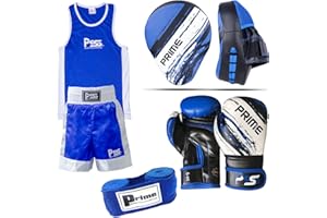 PSS Prime Sports Shop Ultimate Kids Boxing Set 4PCS Student Uniform Blue Top/Short 3-14 Years + Focus Pad 1106 Blue Kids Boxing Gloves 1012 Blue 6-OZ + Wrist Wrap Set-14