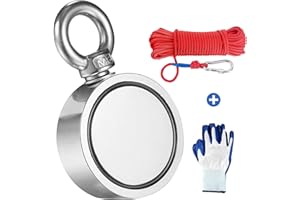 MEIXI Imán de neodimio de doble cara con cordel de 20 m y un par de guantes, Fuerza de tracción combinada de 300 KG,60 mm de diámetro,para pesca con imán y salvamento en el río