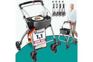 ‎ELONEO ELONEO Wohnungsrollator 54cm breit, faltbar und leicht, inkl. Tablett & Stoffkorb, Rollator schmal für die Wohnung, Indoor-Rollator, klappbar, Aluminium,Mobilität für Zuhause silber