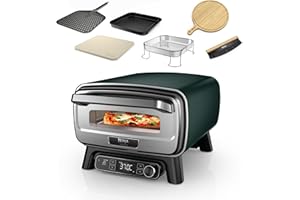 Ninja Artisan Four à pizza et friteuse sans huile électrique d’extérieur 4 modes de cuisson, Planche, Couteau à pizza, Pierre à pizza de 30 cm, Pelle à pizza, Plaque et Panier Crousti, Vert MO201AMZEU