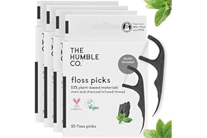 The Humble Co. Plant Based Floss Picks|Charcoal | Eco-Friendly, Vegan for Your Everyday Oral Care - Dentist Approved - Removes Plaque and Gives a Fresh Feel (4 x 50p)