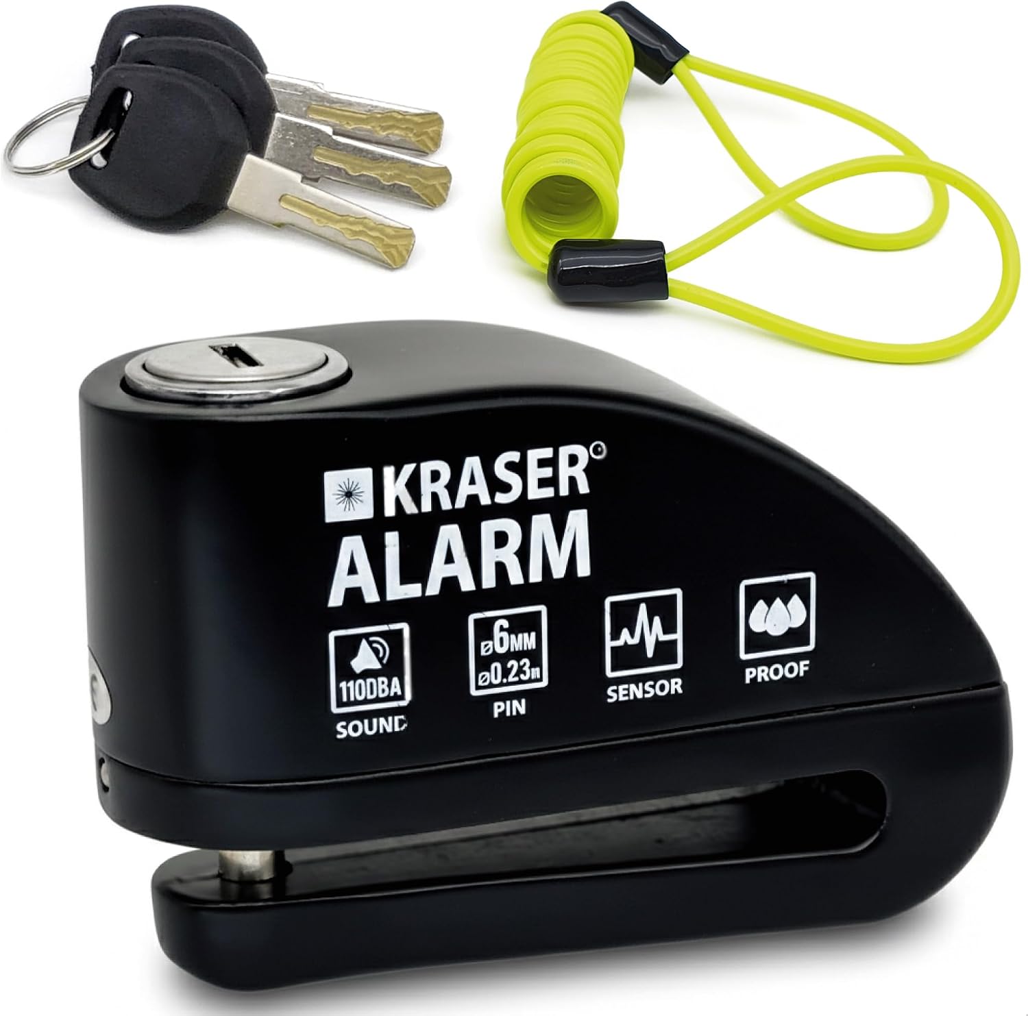 KRASER 6Y Antivol Moto, Bloque Disque Alarme 110db, Renforcé, 3 clés (2 autres) Serrure Haute Sécurité, Étanche, Câble Rappel 1.5m, Sac, Piles Rechange, Bloc Frein 6mm Universel Moto Scooter Vélo