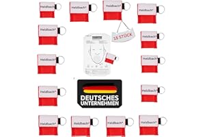 Heldbach Respiratory Mask First Aid Keyring - Pack of 15 CPR Resuscitator Cloth with Disposable Valve & Ear Loops - Red, Latex-Free, Disposable - Mouth-to-Mouth Ventilation Protection for Emergencies