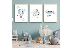 CULASIGN 3er Set Poster Kinderzimmer, A4 Bilder Babyzimmer Kinderposter OHNE Bilderrahmen, Wandbilder Deko Mädchen Junge, Kinderbilder Autos Flugzeuge Heißluftballons (DEF,40x50cm)