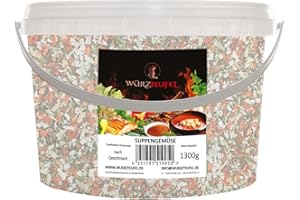 EINGETRAGENE WARENMARKE "WÜRZTEUFEL" Suppengemüse Gemüse getrocknet, geschnitten 6x6mm (rehydratiert) EU-Ware! PE-Eimer 1300g. (1,3 KG)