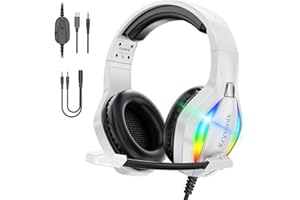 Krysenix PG1 RGB Gaming Headset für PS4, PS5, PC, Nintendo Switch, Xbox, Headset mit LED und Gaming Kopfhörer mit Mikrofon, Noise Cancelling Kopfhörer mit 3.5mm Klinke Schwarz-Matte Weiß