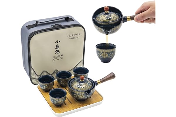 LURRIER Kinesisk Gongfu teset, bärbar tekanna set med 360 roterande tebryggare och infusioner, bärbar allt-i-ett presentpåse