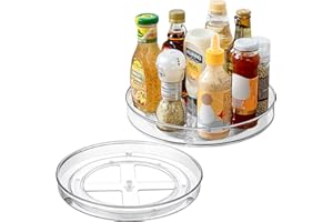 HONEUEUEN 2 Pack Lazy Susan Turntable Cupboard Organiser(27+23.5cm), Rotatable Spice Rack Fridge, Clear Cupboard Condiment Spinning Tray, Multi-Functional Spice Rack for Kitchen Storage