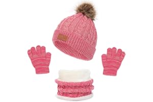 LINSOCLE 3 en 1 Bonnet Enfant Fille, Ensemble Bonnet Echarpe Enfant, Bonnet Enfant Hiver avec Pompon, Tour de Cou Enfant avec Doublure, Hiver Accessoires Ensemble Set Pour Garcon Enfants 2 à 6 ans