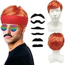 Parrucca Uomo Corta Arancione - Set Completo Con Occhiali, Fascia E Barbe, Stile Rock Anni 70-80 - Foto 7