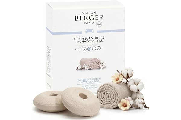 Maison Berger – Recharges Diffuseur Voiture Caresse de Coton – Lot de 2 Recharges Céramiques Diffuseur Voiture, Diffusion Passive 4 à 6 Semaines, Fabriqué en France