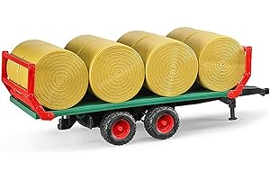 bruder 02220 - Rimorchio per trasporto balle con 8 balle rotonde, carro per balle, azienda agricola, rimorchio per trasporto