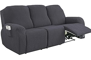 KELUINA 2024 New Jacquard Recliner Chair Covers, Stretch Polyester Spandex Recliner Cover, Reclining Sofa Cover with Elastic Side Pocket, Armchair Cover (Gray,3 Seater)