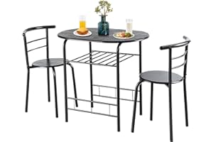 GiantexUK 3-Piece Dining Table Set, Metal Frame Kitchen Table Set with Storage Shelf, 2 Chairs, Compact Breakfast Bar Table Set for Home Kitchen Living Room Apartment Office (Black)