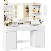 VASAGLE Vanity with LED Mirror, Tool-Free Assembly, 3 Drawers | Power Strip, Dimmable LED Mirror, 3 Color Lighting, Cloud Whi