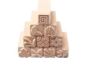 Sixfolo Sellos de Madera para Ceramica 10 Piezas Sellos para Arcilla de Cuadrado Herramientas para CeráMica de Madera sellos de madera Natural con Motivos Mixtos para Arcilla Tarjetas Scrapbooking