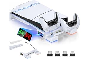Elegamefy Soporte para PS5 con estación de carga para controlador PS5, soporte horizontal para consola PS5 Slim/PS5 Pro, luz dinámica, 4 adaptadores tipo C y accesorios (no compatible con 2020 PS5)
