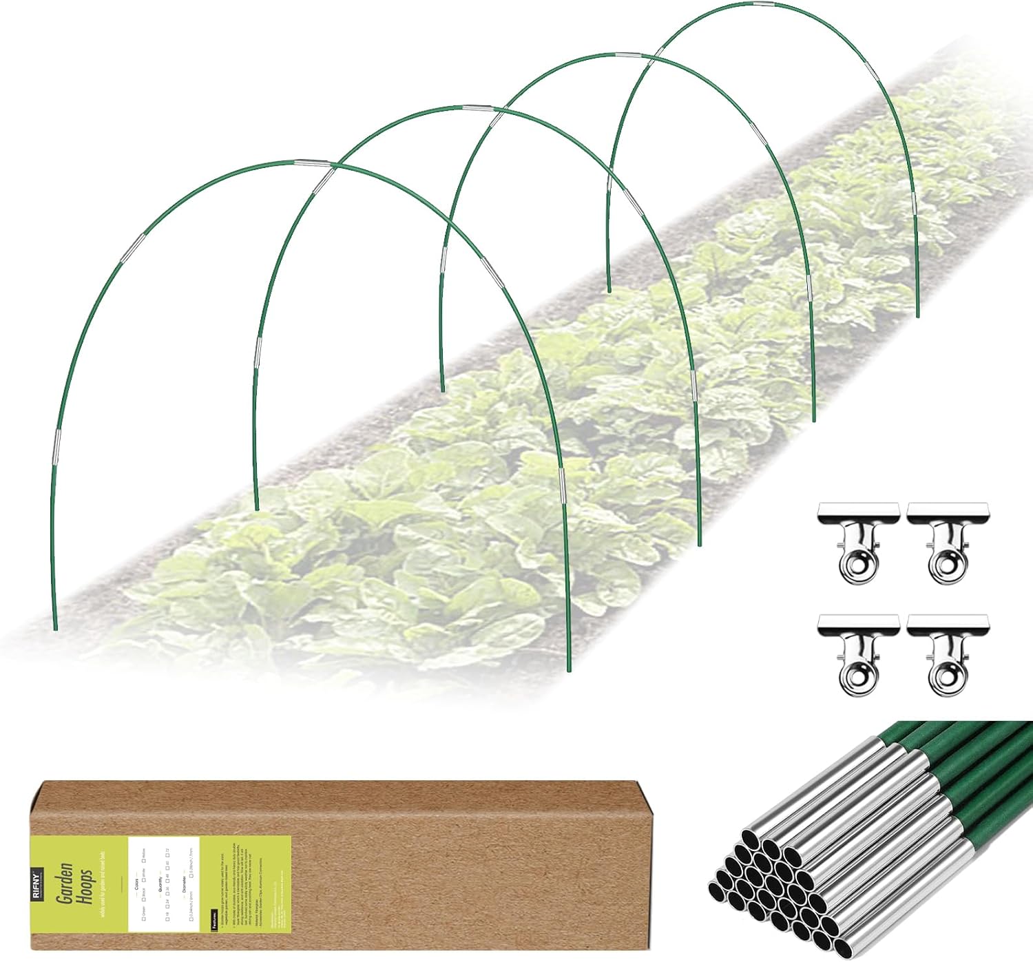 RIFNY Garden Hoops for Netting, 24PCS Garden Hoops for Raised Beds Insect Mesh Netting Tunnel Kits, Greenhouse Cloche Hoops Frame for Plant Freeze Cover (Green)