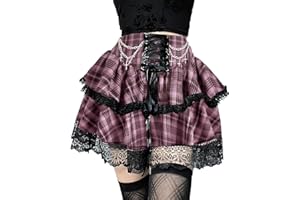 DINGJIUYAN 2 Layered Mini Skirt with Chains Gothic Y2k Ruffle Pleated Skirts Steampunk Lace Hem Front Bandage Short Skirt