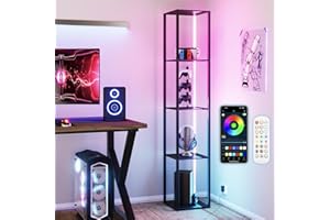 Jehiatek RGB Floor Lamp with Shelves, Tall Standing Lamp for Living Room, LED Display Shelf for Collectibles, Modern Floor Lamp with Remote and App Control, 63.8 Inches, Black