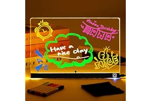 POFIBO LED Zeichentafel Kinder UPGRADE mit Ein/Aus-Schalter, Super Leicht zu Reinigen & Upgradierter Ständer - Transparente Acryl Maltafel mit 7 Neon-Stiften, 30x20cm, Kreatives Geschenk für Kinder