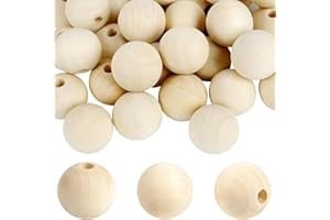 HOLDLEAF Lot de 40 perles rondes en bois naturel de 30 mm avec trou - Perles rondes en bois naturel à enfiler - Pour macramé, bricolage, décoration, bijoux