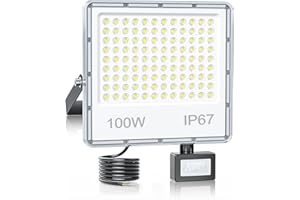 YIQIBRO Faro Faretto LED da Esterno con Sensore di Movimento 100W 10000LM 1 Pezzi, IP67 7000K Luce Fredda Lampada Faretti LED Esterno con Sensore di Movimento per Giardino, Capannone