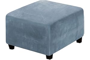 XJHKG Footstool Cover Velvet, Square Stretch Footrest Foot Stool Storage Ottoman Pouffe Slipcover Sofa Protector with Elastic Bottom (LightBLue)