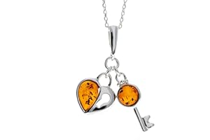 SILVERAMBER JEWELLERY Lovely 925 Sterling Silver & Baltic Amber Designer Key & Heart Pendant - GL336 - Chain not included.