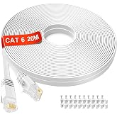 MEIPEK Ethernet Cable 20 Metres, Cat 6 Flat RJ45 High Speed LAN Cable | Gigabit White Network Cables, Pure Copper Core 250MHz