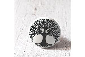 ARTISNO Lot de 10 poignées de tiroir d'armoire en céramique peintes à la main pour placard, porte d'armoire/armoire de cuisine - Boutons blancs et noirs - Motif arbre de vie