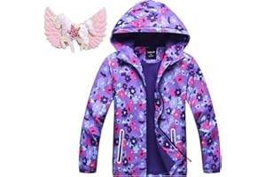 BRONG Veste Impermeable Fille Floral Doublé Polaire ImperméAble à Capuche Doux Chaud Coupe-Vent Poids LéGer avec éPingle à Cheveux Licorne