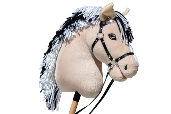 Hobby Horse Fjord A3 - Cheval bâton Beige crins Noirs et Blanc – Filet Complet avec Frontal Scintillant– Jouet Équestre pour Enfants et Adolescents