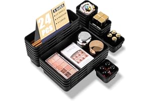 IXYDOR 24 Organizadores de Cajones de Plástico, Organizador Cajones Escritorio, Organizador de Maquillaje Cajones, Cajas Separadoras de 3 Tamaños, Bandejas de Almacenaje para Cocina, Dormitorio, Baño