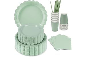 BOODPET Sage Green Disposable Tableware Set 75 PCS for 15 Guests – Compostable Paper Plates, Cups, Napkins – Eco-Friendly Party Pack for Baby Shower, Picnic, Wedding, Travel