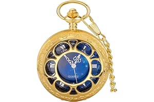 Tiong Quartz Pocket Watch Hollow Steampunk Blue Star Design Roman Numerals Pocket Watch with Chain Christmas Gifts