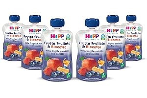 HiPP - Frutta Frullata e Biscotto Bio, Purea per Bambini al Gusto Mela, Fragola e Mirtillo con Biscotto ai Cereali Antichi, Senza Zuccheri Aggiunti, 6 Confezioni da 90 gr